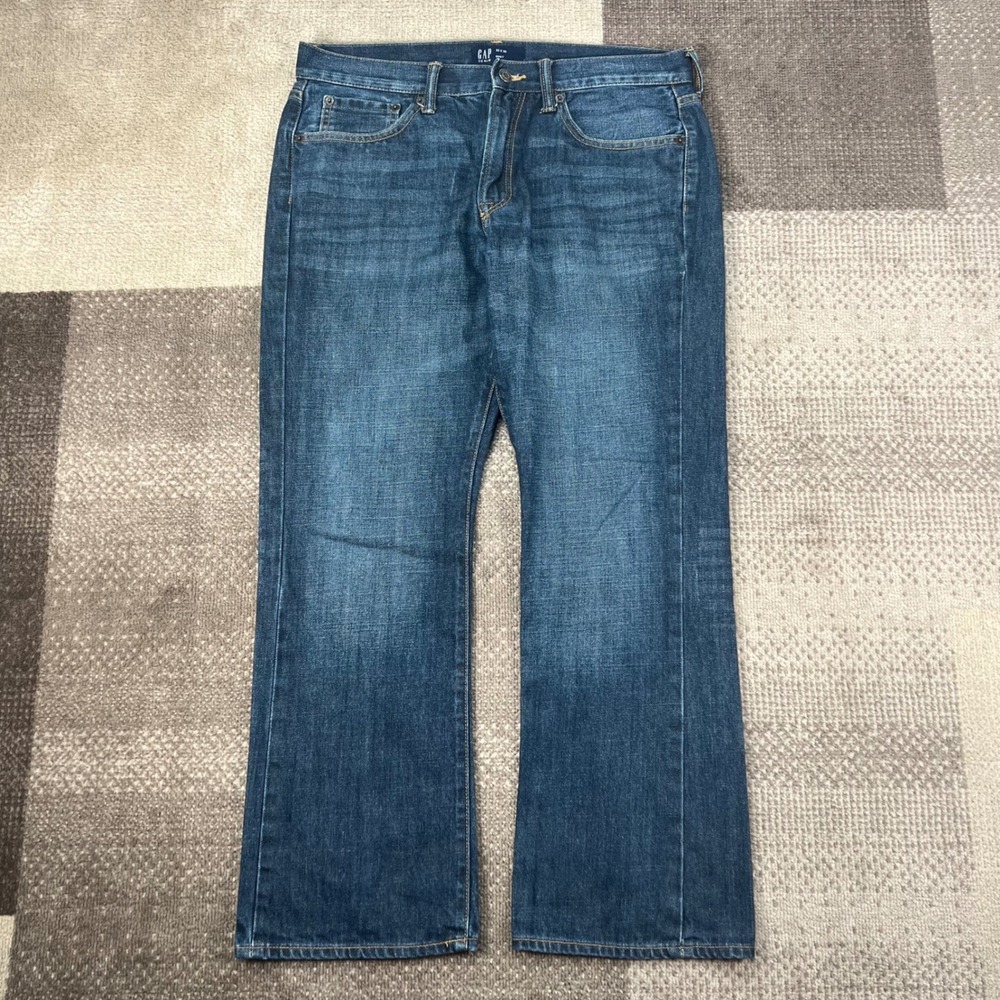 Gap Denim Mens 33x30 Bootcut Jeans Medium Wash Blue Gap Whiskering Cowboy